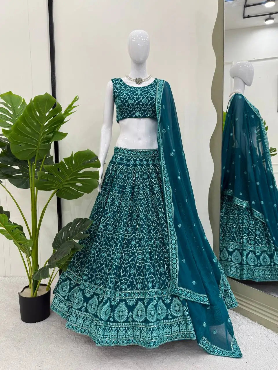 Light Sea Green Thread Embroidered Lehenga – Sequins Work, Faux Georgette, 3.5M Flair Kalyanja